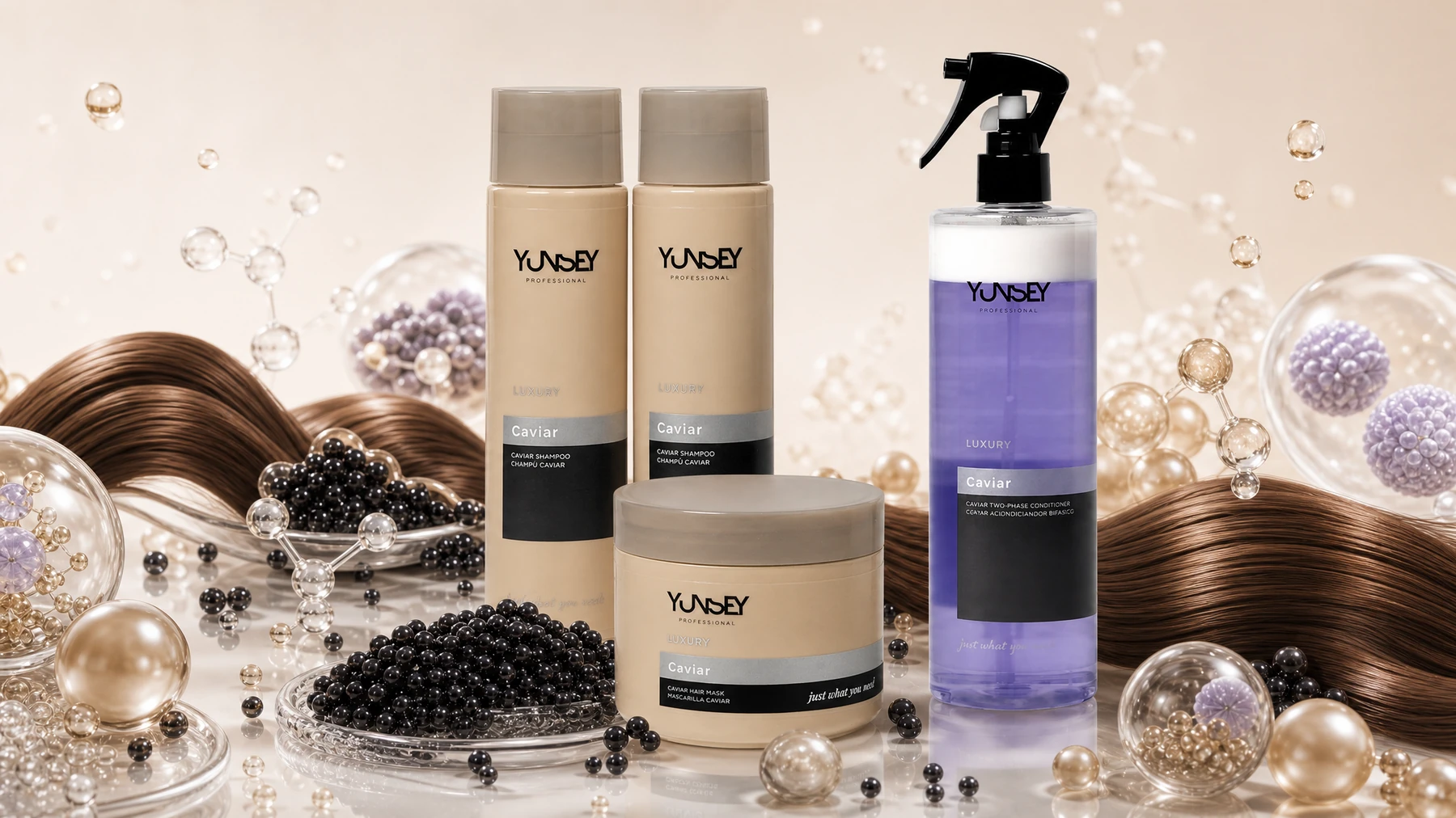 Infografía hiperrealista de activos cosméticos de la rutina Luxury Caviar Yunsey