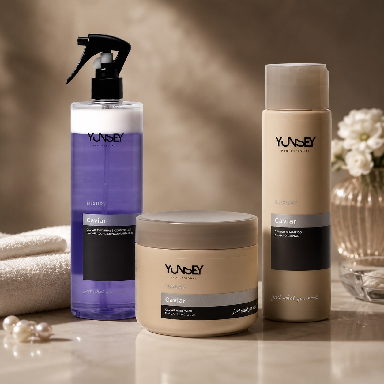 Rutina YUNSEY Luxury Caviar con champú, mascarilla y acondicionador bifásico para cabello seco y apagado