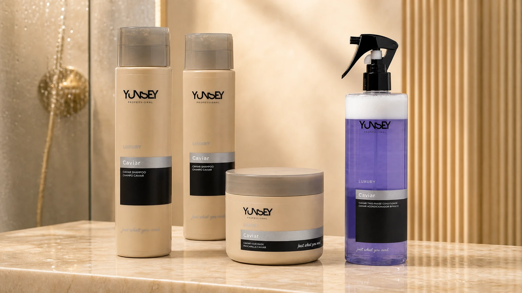 Modo de uso de la rutina Luxury Caviar Yunsey: champú mascarilla y bifásico