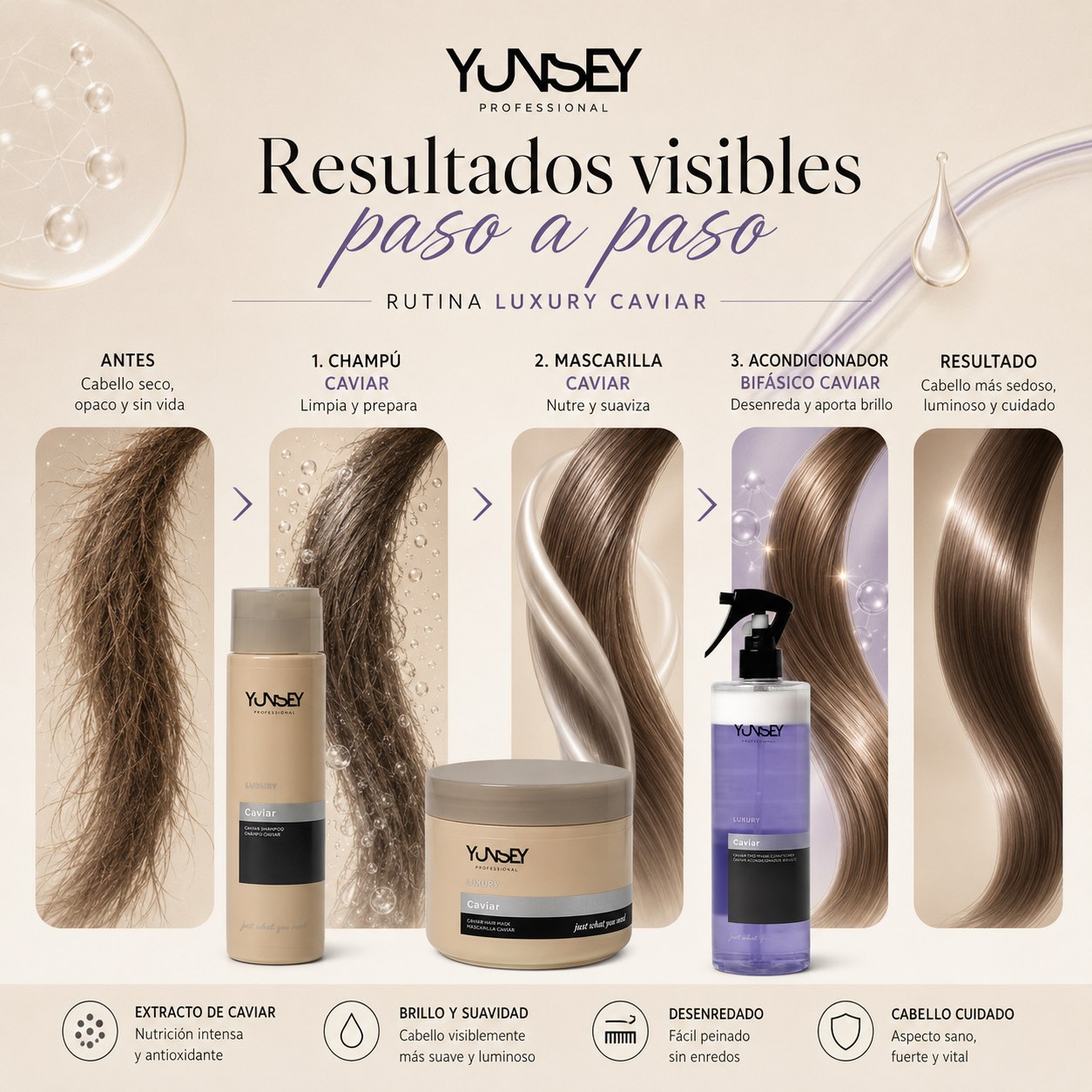 Resultados paso a paso de la rutina YUNSEY Luxury Caviar: antes, champú, mascarilla, bifásico y resultado final