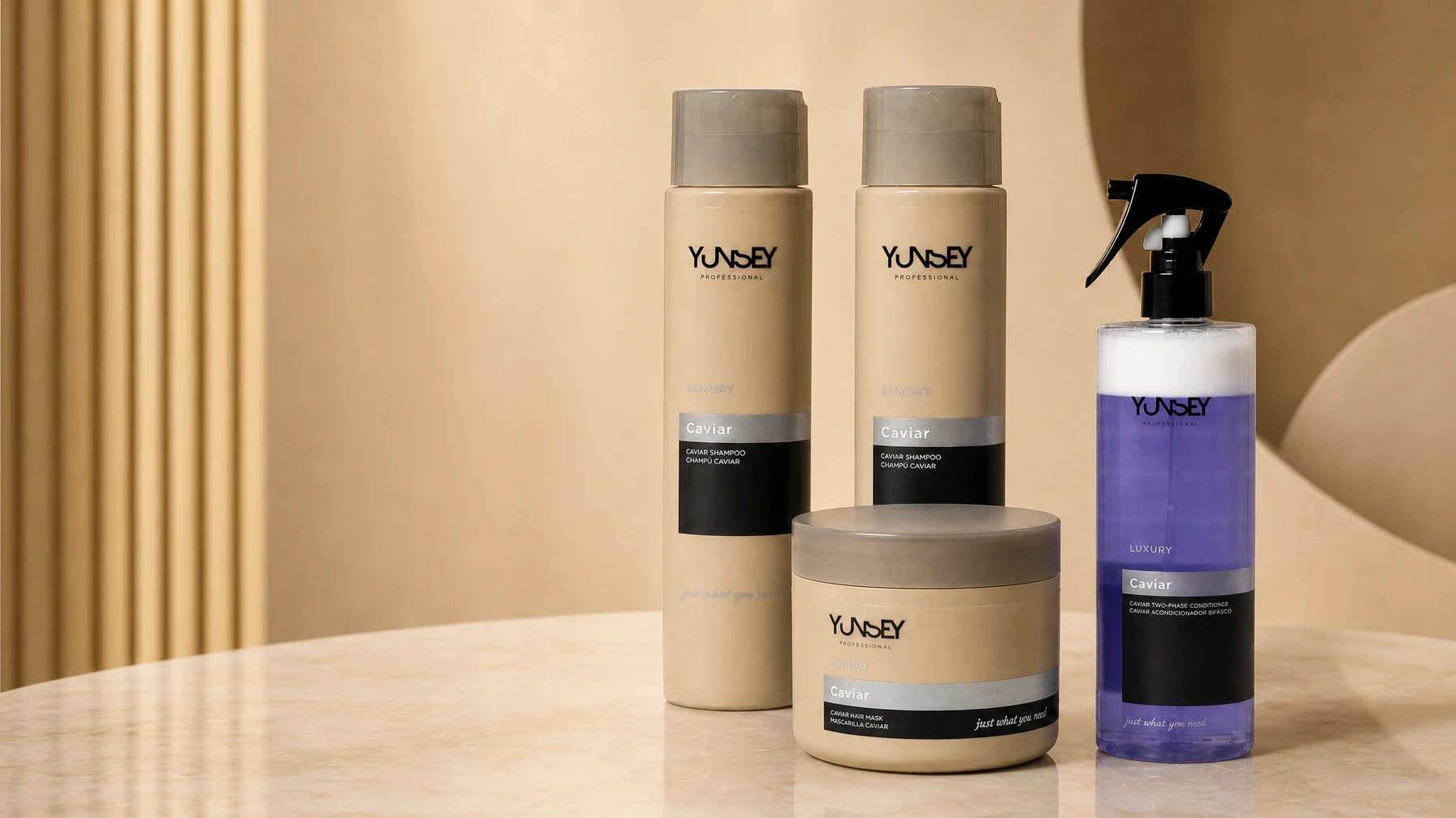 Rutina Yunsey Luxury Caviar en tres pasos con champú mascarilla y bifásico