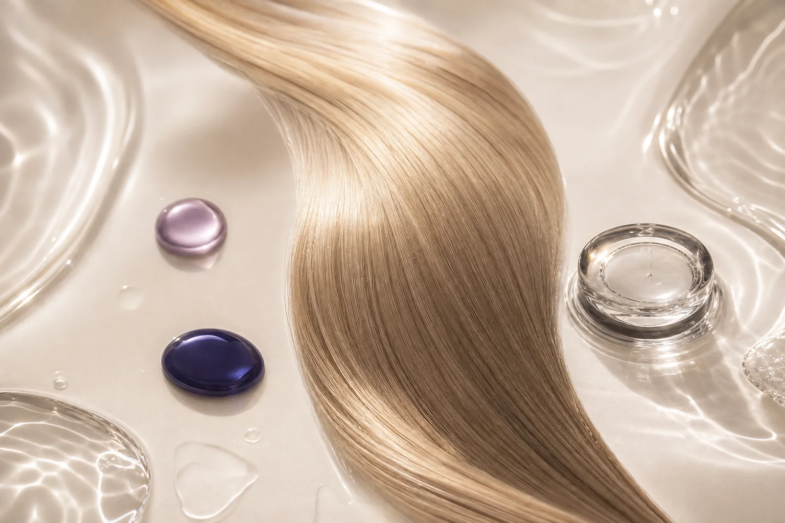 Rutina prudente de uso de champú matizador con gotas violetas y azules sobre cabello rubio