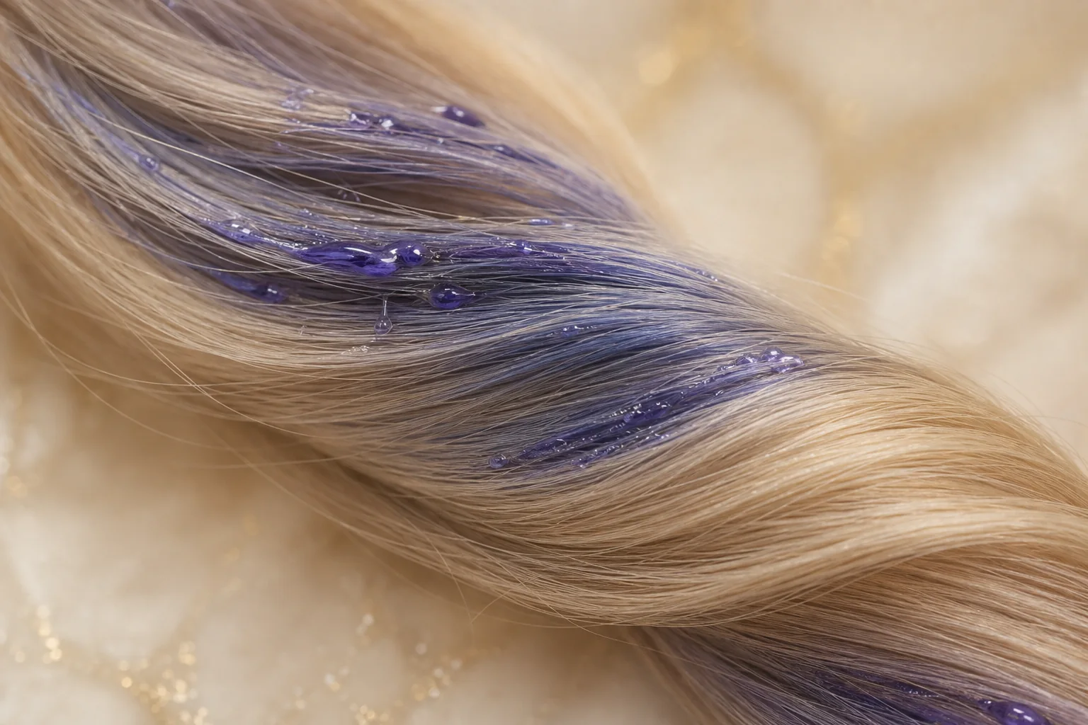 Cabello rubio con exceso sutil de matizador violeta y azul que deja zonas apagadas