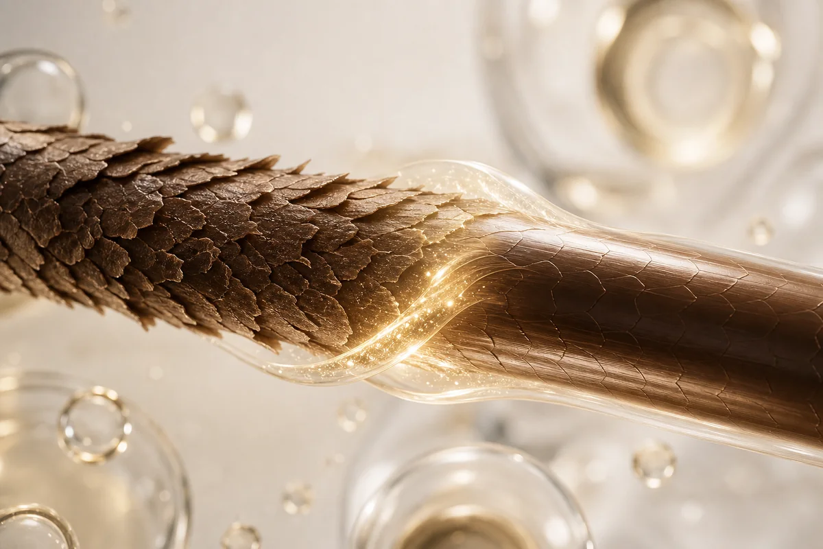 Imagen premium de fibra capilar dañada con efecto de reparación cosmética y sellado