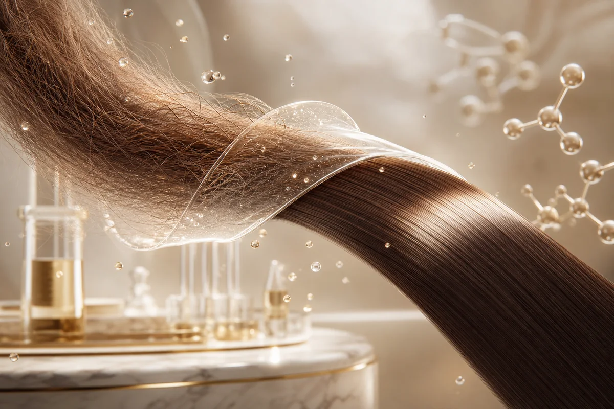 Imagen premium de cabello con frizz transformándose en fibras suaves y alineadas