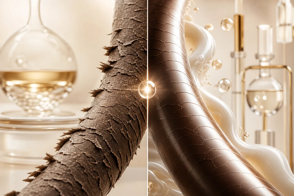 Imagen premium de fibras capilares secas transformándose en cabello hidratado y suave