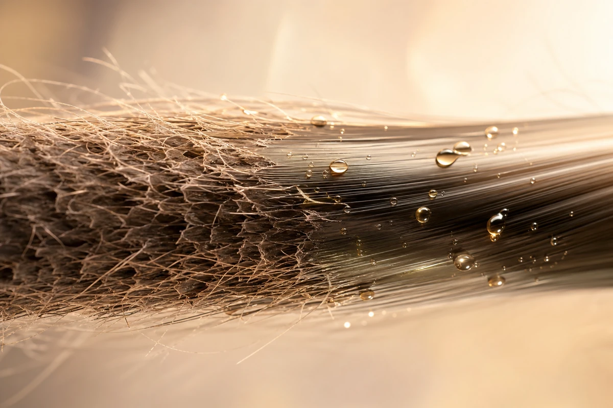 Mechón de cabello seco que recupera brillo y suavidad con tratamiento nutritivo