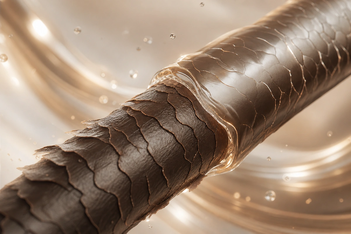 Fibra capilar con cutícula reparada y superficie más uniforme y brillante