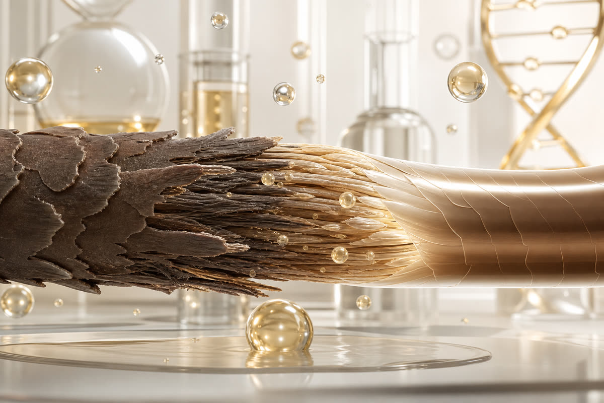 Fibra capilar dañada con cutícula levantada y transición hacia un cabello más protegido y reparado