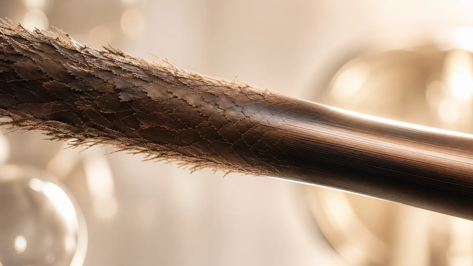 Fibra capilar con encrespamiento transformándose en un cabello más suave y controlado con estética científica premium