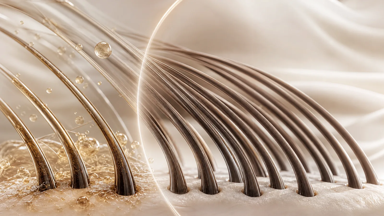 Cuero cabelludo graso equilibrándose con raíz limpia y cabello ligero en estética científica premium BeauBerte